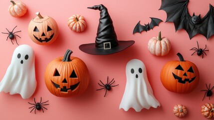 Wall Mural - Halloween Decorations on Pink Background