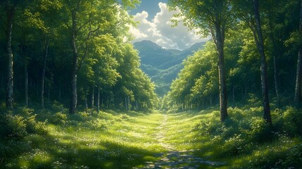 Poster - Captivating Verdant Forest Landscape with Dappled Sunlight and Serene Atmosphere