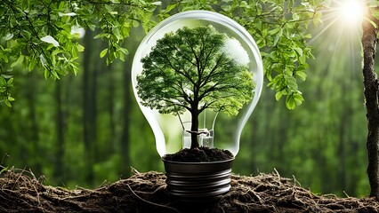 lightbulb with tree growing inside, representing the importance of environmental conservation and sustainable energy