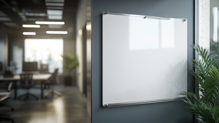 A blank whiteboard hangs on a grey wall in a modern office setting, ready to be filled with ideas.