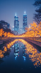 Canvas Print - Christmas Lights Reflection on Seoul River against Modern Skyline  