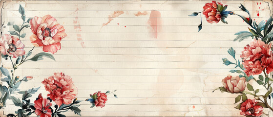 Wall Mural - old vintage grunge wide paper journal with empty space in the middle and watercolor blooming Carnation flowers with leaf border frame