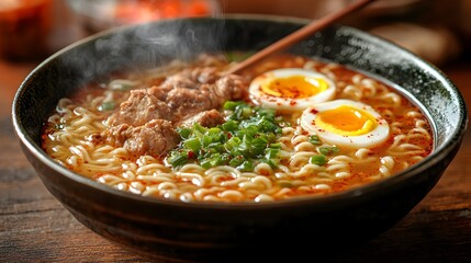 Steaming Bowl of Exotic Asian Noodle Soup with Savory Broth and Fresh Toppings