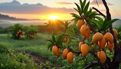 Canvas Print - Morning radiance over a vibrant organic mango farm in full bloom, captured through the lens of generative AI artistry