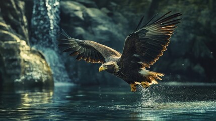 Wall Mural - a majestic eagle in flight, soaring over a tranquil river, wings spread wide, capturing a moment of 