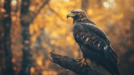 Wall Mural - a majestic golden eagle perched on a branch in an autumn forest, its golden feathers and piercing ey