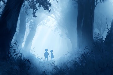 Silhouettes of Two Children Walking Through a Foggy Forest.