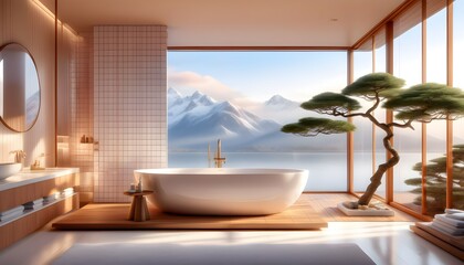 Wall Mural - Serene bathroom retreat with stunning mountain and lake views