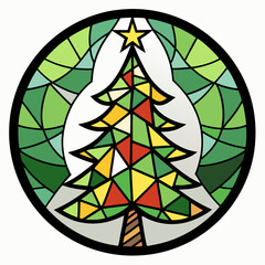 Wall Mural - Stained Glass Christmas tree round sign Black Vector silhouette