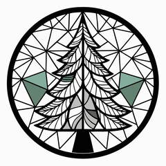 Sticker - Stained Glass Christmas tree round sign Black Vector silhouette