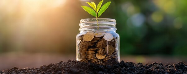 Canvas Print - A small jar filled with seeds and soil, featuring a green sprout emerging from the top, symbolizing growth and potential.