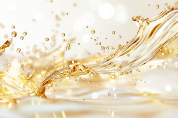 Poster - A vibrant splash of golden liquid creates a mesmerizing pattern as droplets dance in the air, set against a soft, subtle background that enhances the lively motion