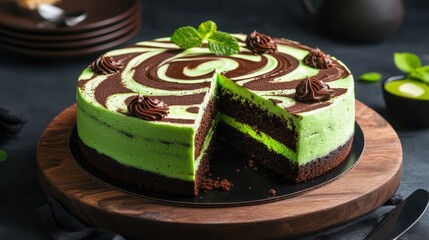 Wall Mural - A visually striking layered cake with mint-green frosting and dark chocolate accents, elegantly sliced to reveal its rich, creamy interior.