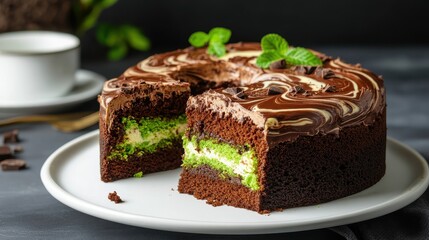 Wall Mural - A rich chocolate cake with a vibrant green filling, beautifully swirled icing, and garnished with mint leaves, perfect for dessert lovers.