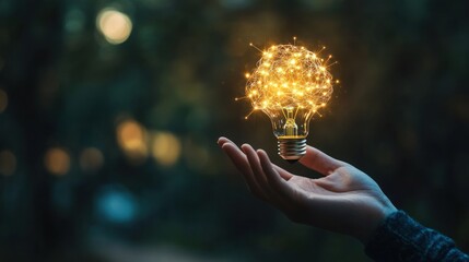 A hand holds a glowing light bulb, symbolizing ideas, inspiration, and innovation. The bulb's intricate network represents connectedness and the power of knowledge.