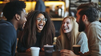 Canvas Print - Friends Enjoying Laughter at a Cafe Setting