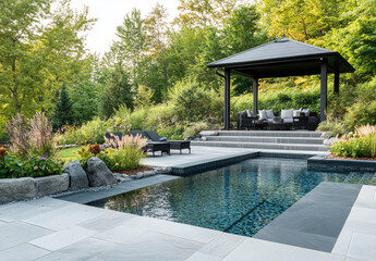 an elegant pool with blue water and gray paver tiles around it. The background features green grass and trees, along with the black wooden gazebo that serves as seating or an entrance to another part 