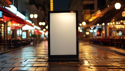 Wall Mural - Vibrant evening scene featuring an empty restaurant signboard amid blurred motion of passing pedestrians