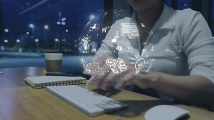 Business woman uses phone and capable laptop computer to connect worldwide social network, marketing, business, media, digital marketing, advertising, optimization, search engine optimization, contact