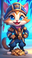 Poster - Cute Cartoon Cat Pirate With Gold Coins