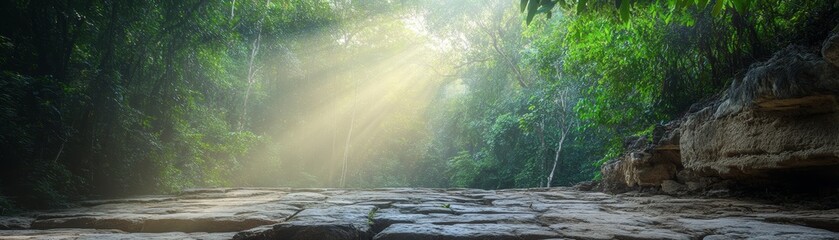 Wall Mural - sunlight beams through dense foliage, illuminating a path leading into a mysterious forest.