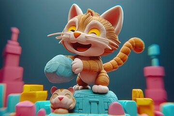 Poster - Playful Cartoon Cat Holding a Blue Rock Toy