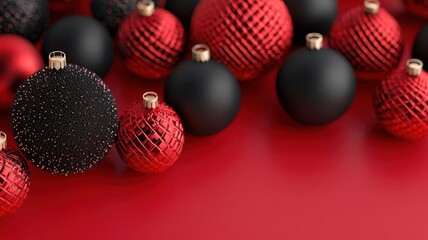 Wall Mural - Red and black Christmas ball ornaments with shimmering lights, 3D illustration