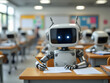 © Jet Green - A classroom filled with robotic students actively engaged in writing during a lesson on technology integration