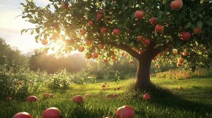 Wall Mural - Sunlight filters through an apple tree laden with ripe fruit in a serene orchard during the golden hour of late afternoon