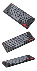 Poster - Three views of a mechanical keyboard with gray and red keycaps . Isolated on white background. Concept of technology. 3D Rendering