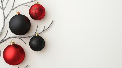 Wall Mural - Red and black Christmas ornaments on a frosted tree branch, 3D illustration