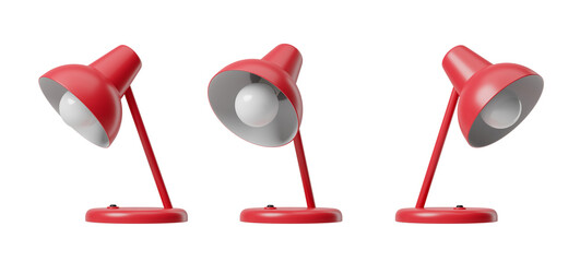 Poster - Three red desk lamps in various positions. Isolated on white background. 3D Rendering. Concept of home or office lighting