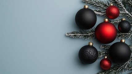 Wall Mural - Red and black Christmas ornaments on a frosted tree branch, 3D illustration