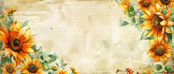 Wall Mural - old vintage grunge wide paper journal with empty space in the middle and watercolor blooming sunflower flowers with leaf border frame