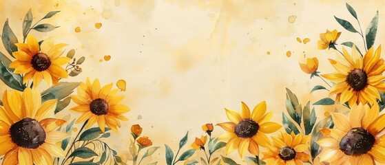 Wall Mural - old vintage grunge wide paper journal with empty space in the middle and watercolor blooming sunflower flowers with leaf border frame