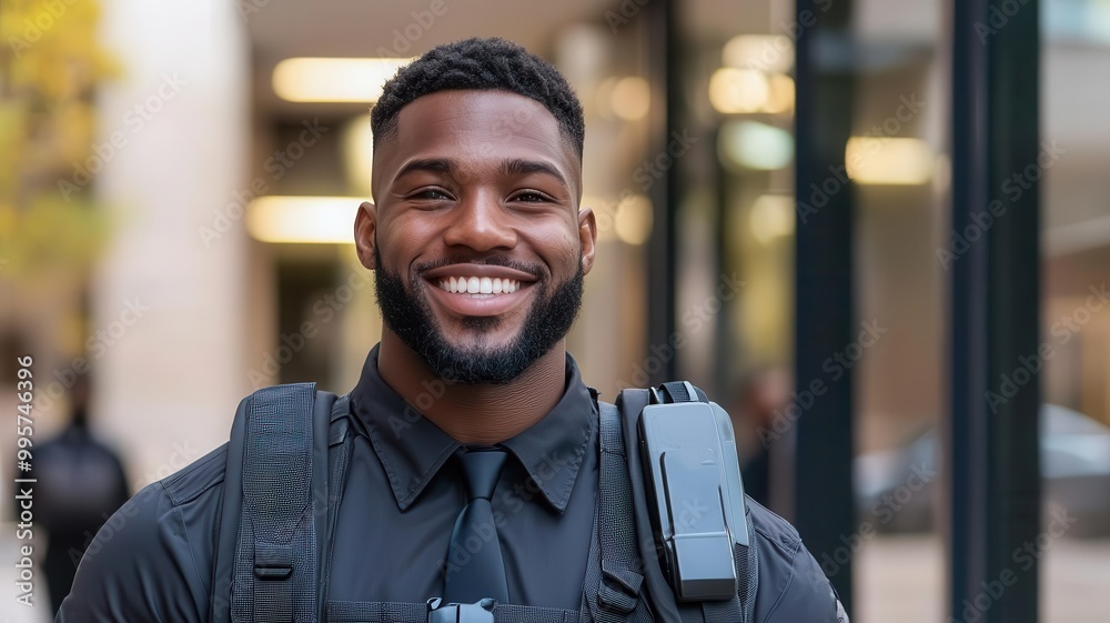 Security guard smiling as they greet employees entering a building ...