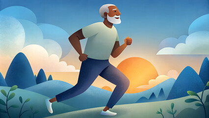 An elderly black man maintains healthy lifestyle doing sports exercises, walking, running, jogging morning, gymnastics, yoga improving physical body, life extension. Flat cartoon grunge style design.