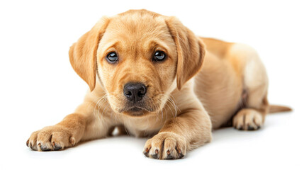 young cute Labrador Retriever puppy sitting lying down while looking forward isolated on white background