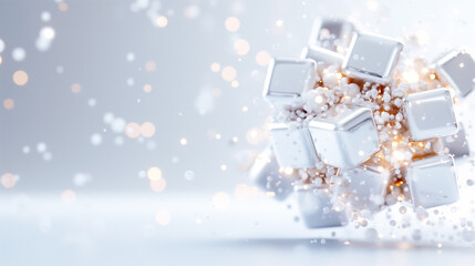 Poster - A captivating display of three-dimensional white cubes seemingly suspended in mid-air, surrounded by shimmering particles. The soft gradient background enhances the visual appeal and serenity