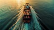 © Natpasit - A large cargo ship navigates through shimmering water, leaving a wake behind as the sun sets, creating a picturesque maritime scene.