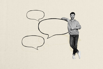 Poster - Creative poster collage of young man speech bubble connection talking bizarre unusual fantasy billboard comics