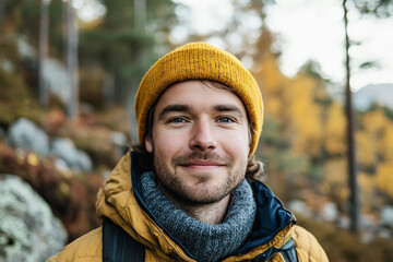 Wall Mural - Tourist traveling alone in autumn forest generative AI