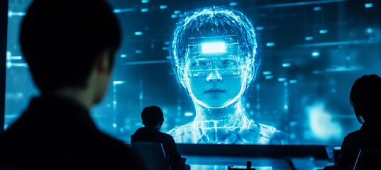 Poster - A classroom where students are learning from a holographic teacher