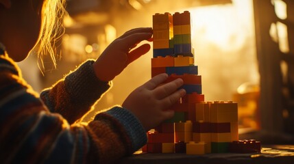 A child builds a colorful tower using building blocks, illuminated by warm sunlight, showcasing creativity and playfulness.