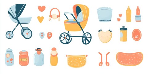 Baby symbol set. Baby's attributes collection. Stroller, pacifier, feeding bottle, diaper. AI