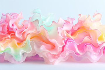 Poster - The soft, flowing fabric features layers of ruffles in pastel hues, blending shades of pink, yellow, and blue, ideal for a vibrant and artistic wallpaper backdrop