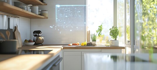 Poster - A futuristic kitchen with holographic recipe instructions floating in the air