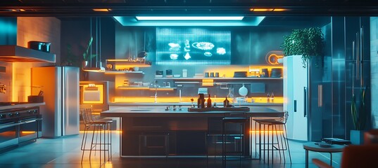 Poster - A futuristic kitchen with holographic recipe instructions floating in the air