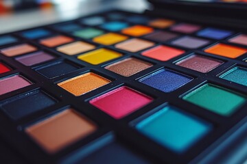 Close up of colorful square shaped eyeshadow pans featuring a mix of warm and cool tones like orange teal purple and gold arranged in a professional makeup artist palette for creative looks