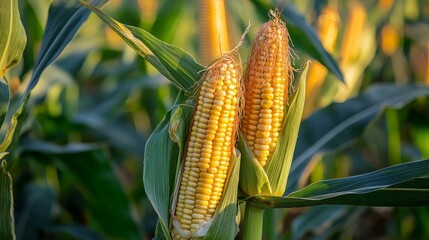 Close-up of corn cobs amid a field of corn plantations.